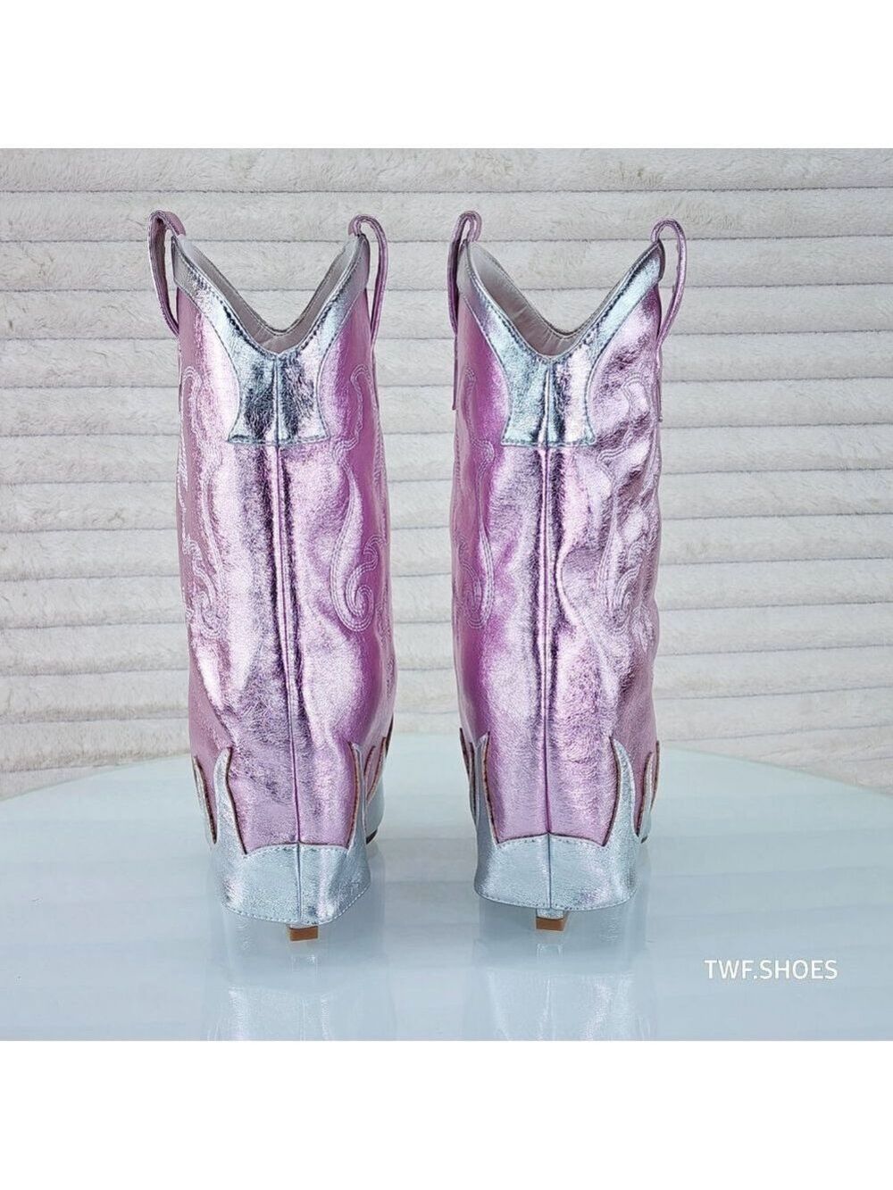Show Off By Azalea Wang Silver Metallic Fold Over Western Wedge Ankle Boots - Picture 6 of 10